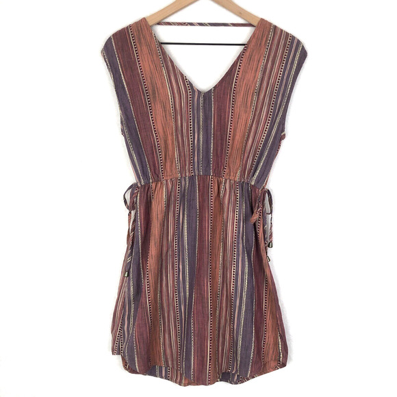 SPIRIT OF GRACE Cotton Mini Dress Sz S Stripe Adjustable Waist Sleeveless V-Neck - Picture 2 of 8